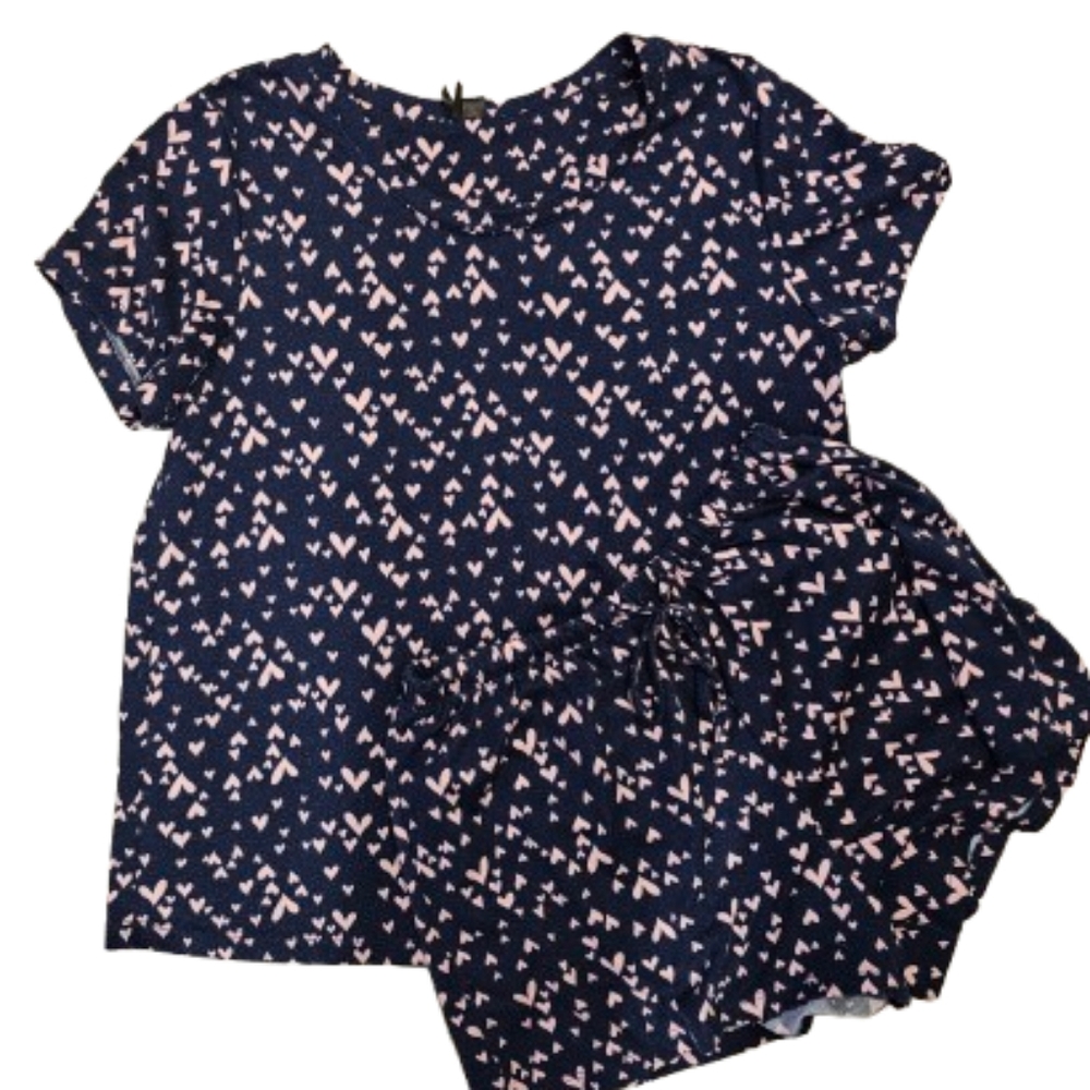 Kensie Navy Blue and Pink Heart Pattern 2 Piece Pajama Set. Women. Medium